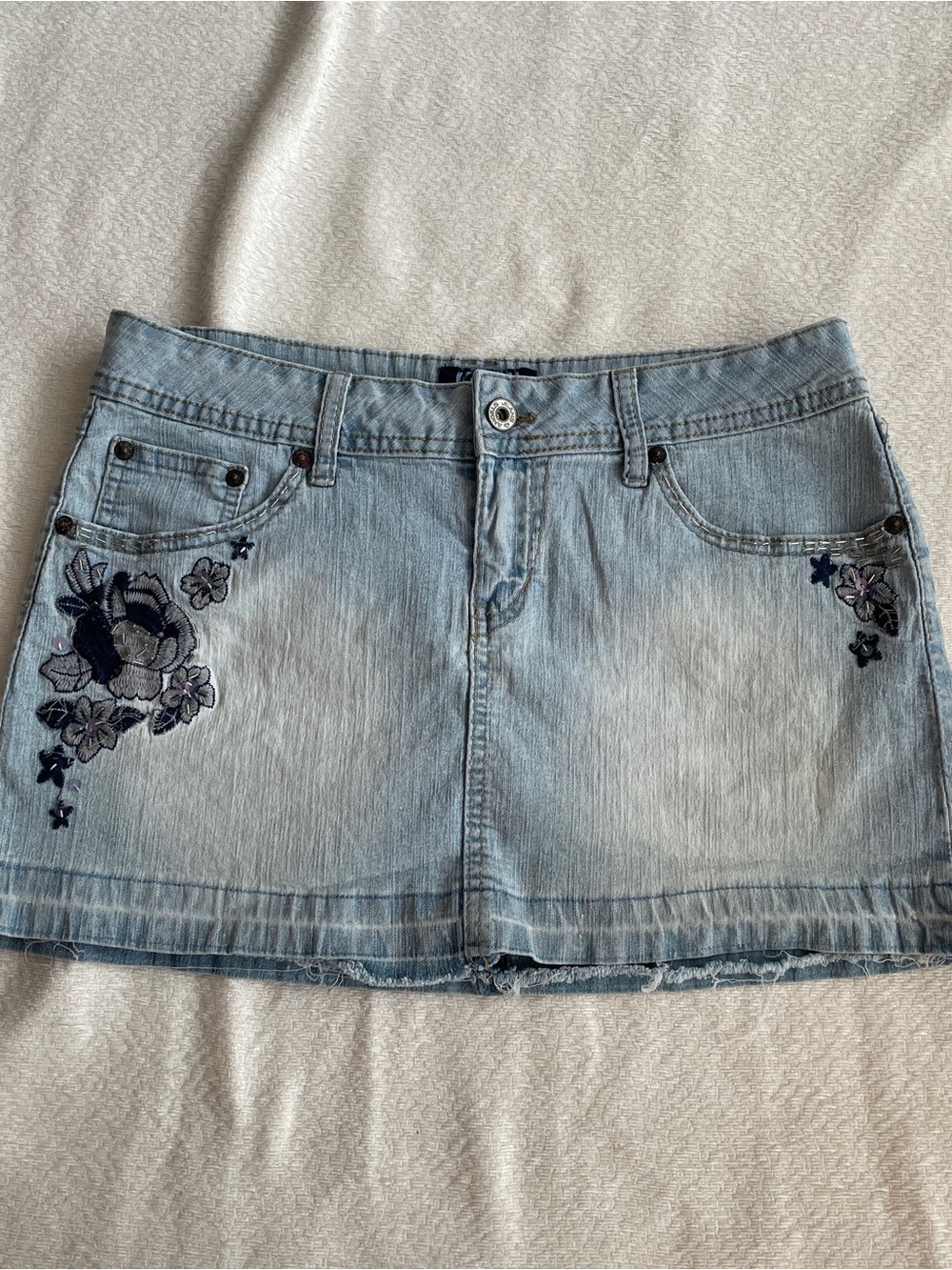 Y2K Angels Denim Mini Skirt Light Wash Embroidered Floral Bratz Medium / Large